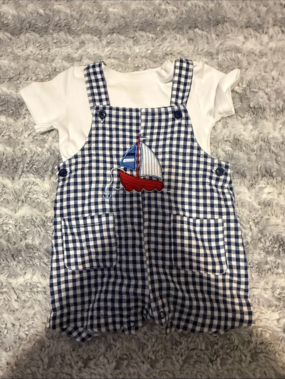 Baby Essentials Navy Gingham Sailboat Overalls with White Tee